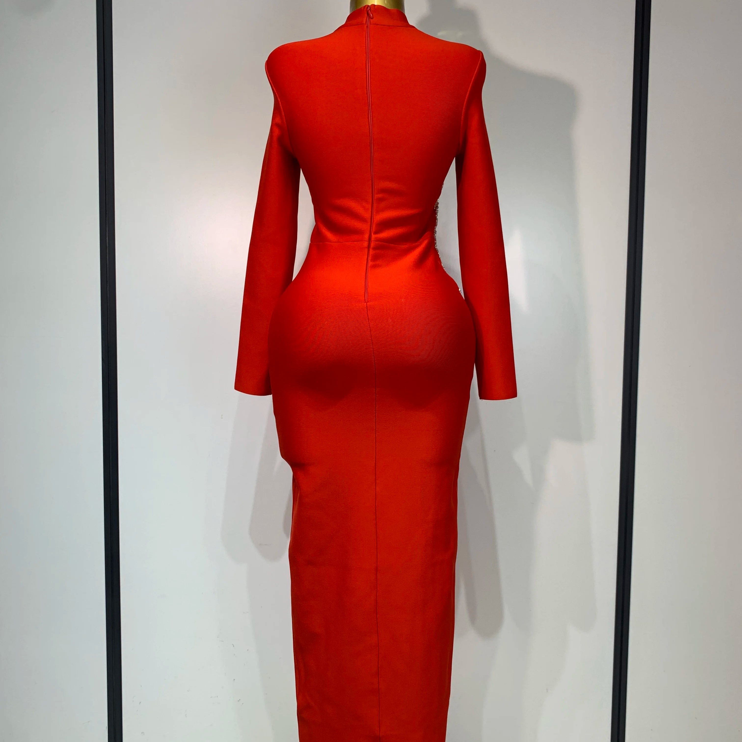 Sparkly Rhinestone Long Sleeve Red Bodycon Bandage Dress Women Wedding Evening Club Party Prom Gowns Luxury Birthday Dresses