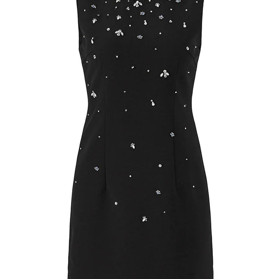 Solid Slimming Spliced Bead Luxurious Mini Dresses for Women Round Neck Sleeveless Temperament Dress Female Fashion