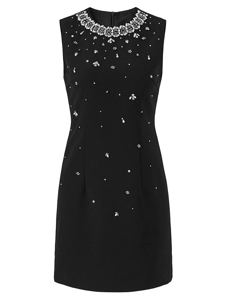 Solid Slimming Spliced Bead Luxurious Mini Dresses for Women Round Neck Sleeveless Temperament Dress Female Fashion