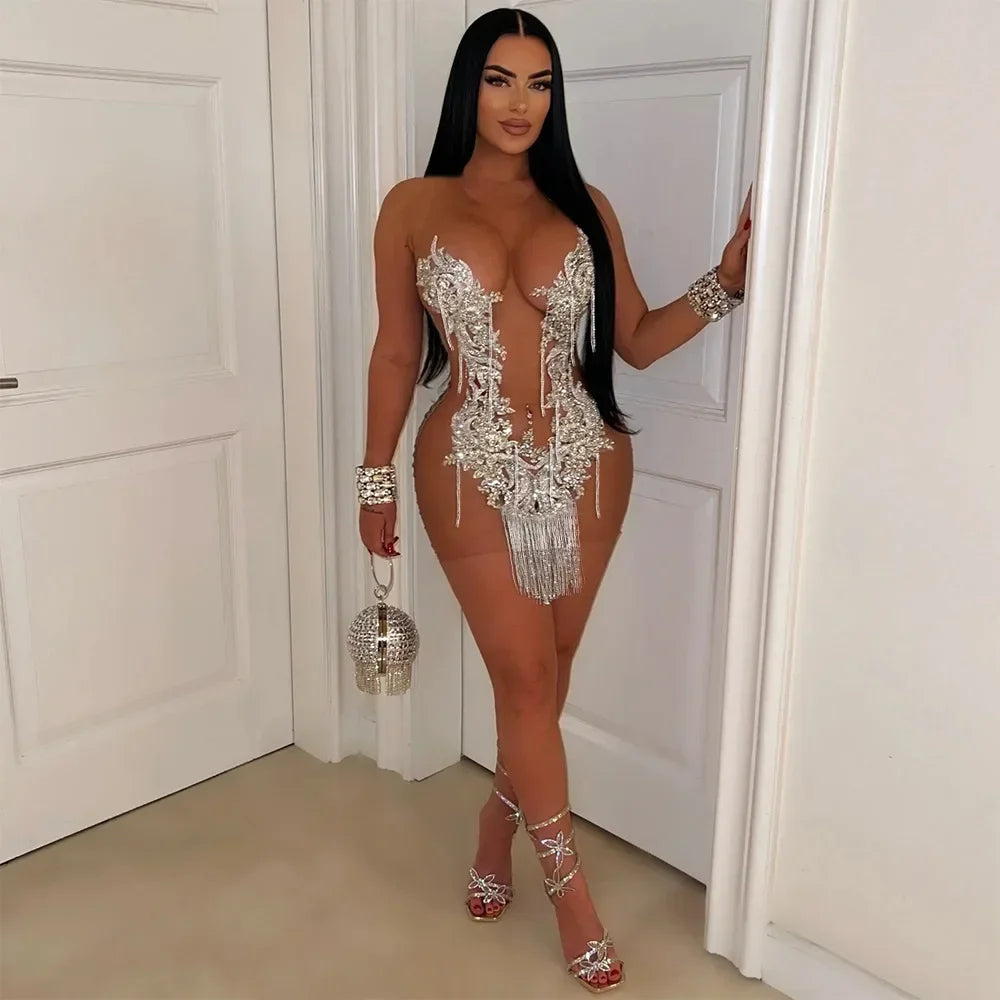 CM.YAYA Women O-neck Sequined Tassel Mini Dress Sleeveless Mesh See Through Sexy Pencil Dresses Sexy Fashion Vestidos Summer White