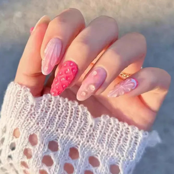 24Pcs Mid-length Almond Fake Nail with Blue Stripe Smudge Design Press on Nails for Woman Datachable Full Cover False Nails Tips