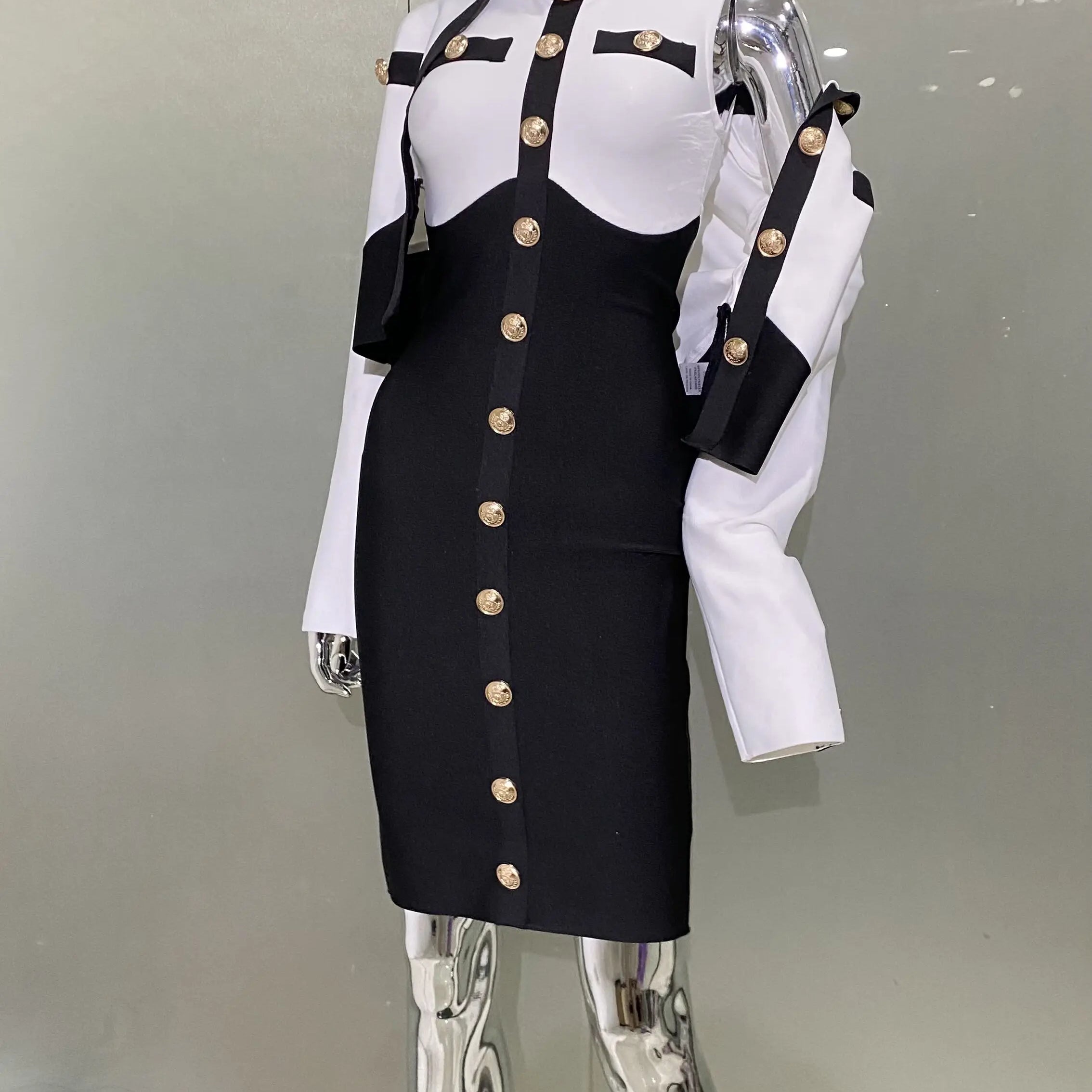 New Arrivals Fashionable  Women's Bandage Set Golden Buttons White Patchwork Black Coat And Sleeveless Bodycon MIini Dress