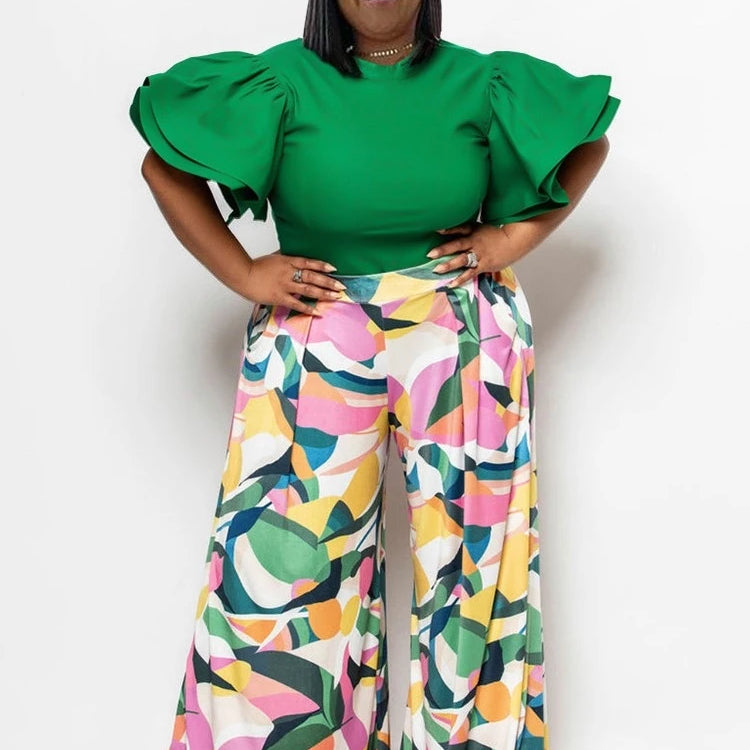 Plus Size Summer 2 Two Piece Set Women Ruffle Pleated Fashion Slim Ladies Blouses Floral Print Loose Pleated Woman Wide Leg Pant