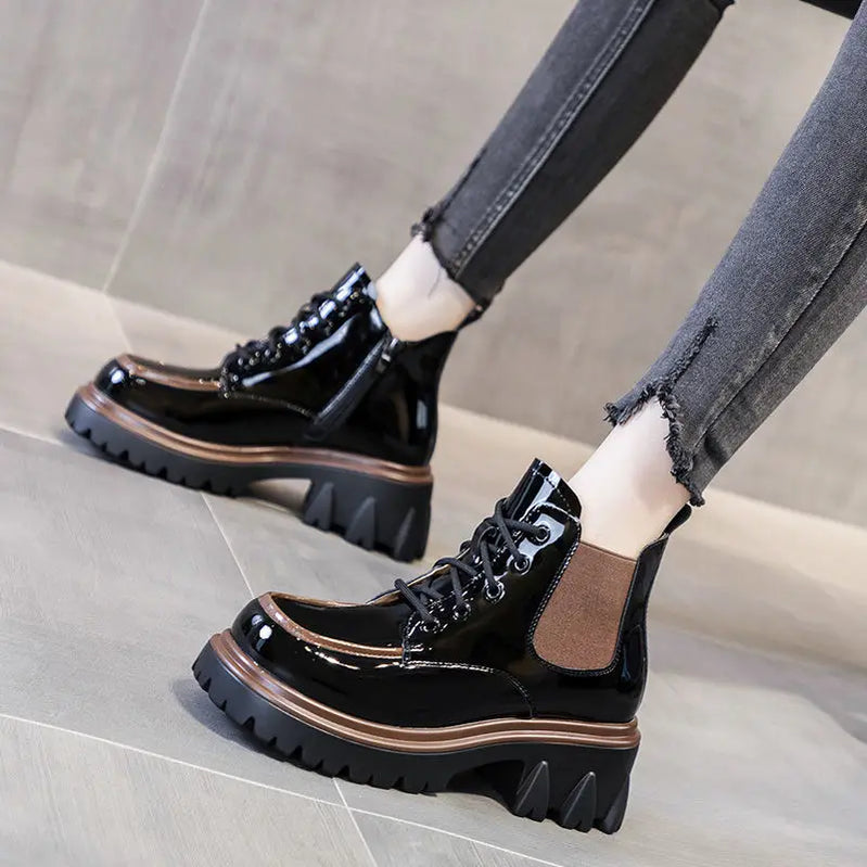 Punk Style Combat Platform Female Ankle Boots Chunky Elastic with Laces Lace-up Booties Footwear Short Shoes for Women  New