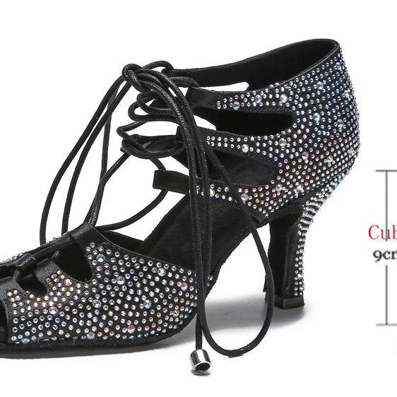 di seta donna scarpe da ballo latino fondo morbido sandali da donna Tango Party Dance Shoes scarpe da sposa con strass Black heel 9CM