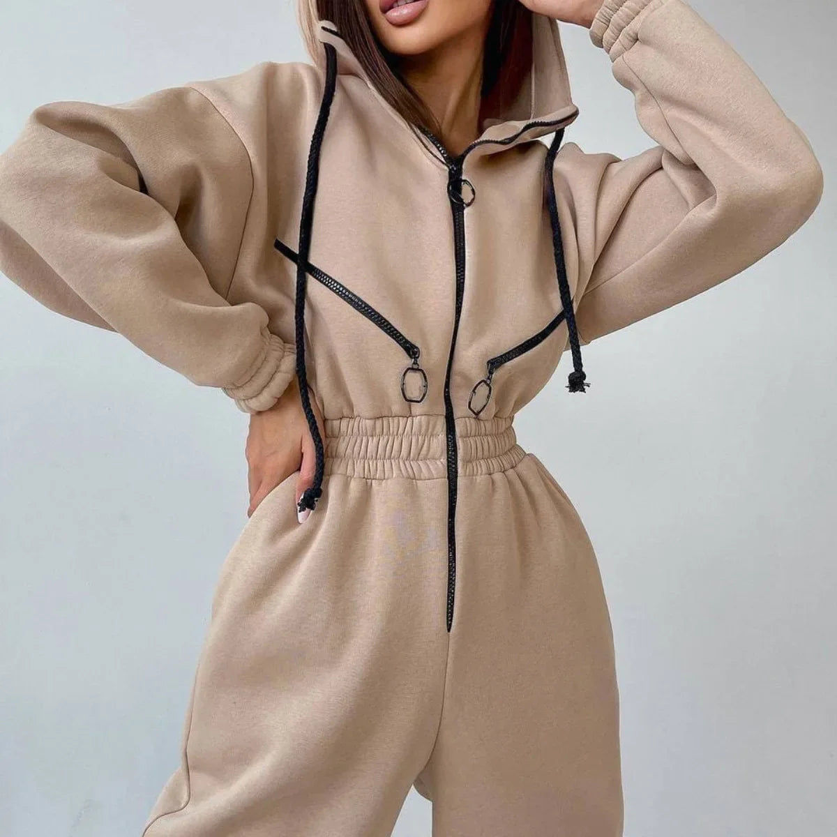 LKF New Sports and Casual Women's Jumpsuit Hooded Zipper Cardigan Solid Color Street Trendy Jumpsuit Wholesale Apricot