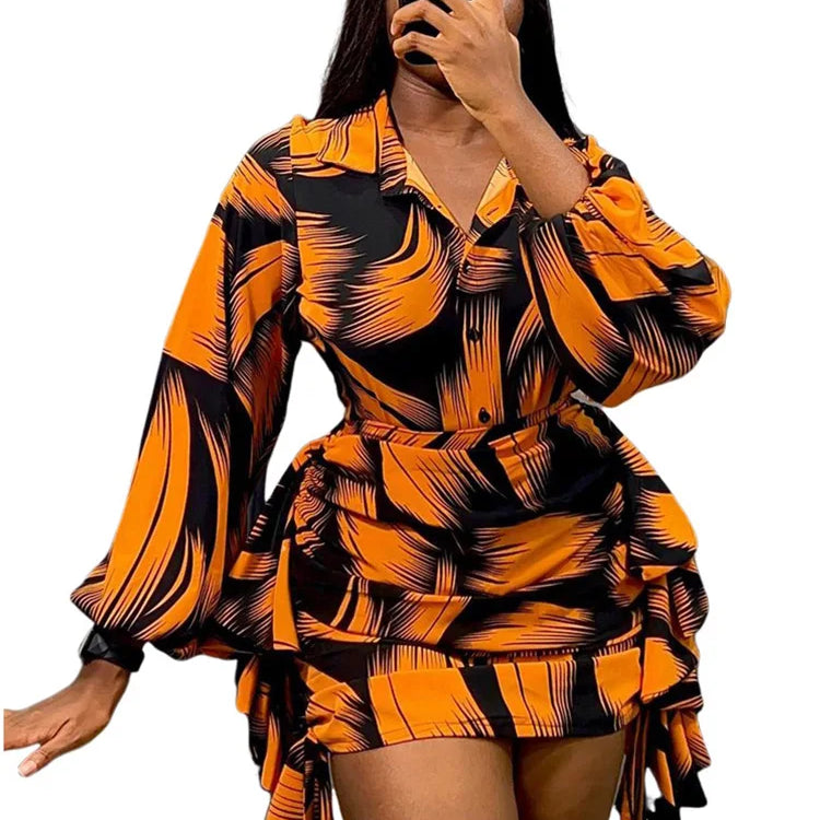 Elegant Striped Printed Ruffles Side Mini Skirts and Long Sleeve Shirt Tops Women Two 2 Piece Sets Birthday Festivals Outfits Yellow Set