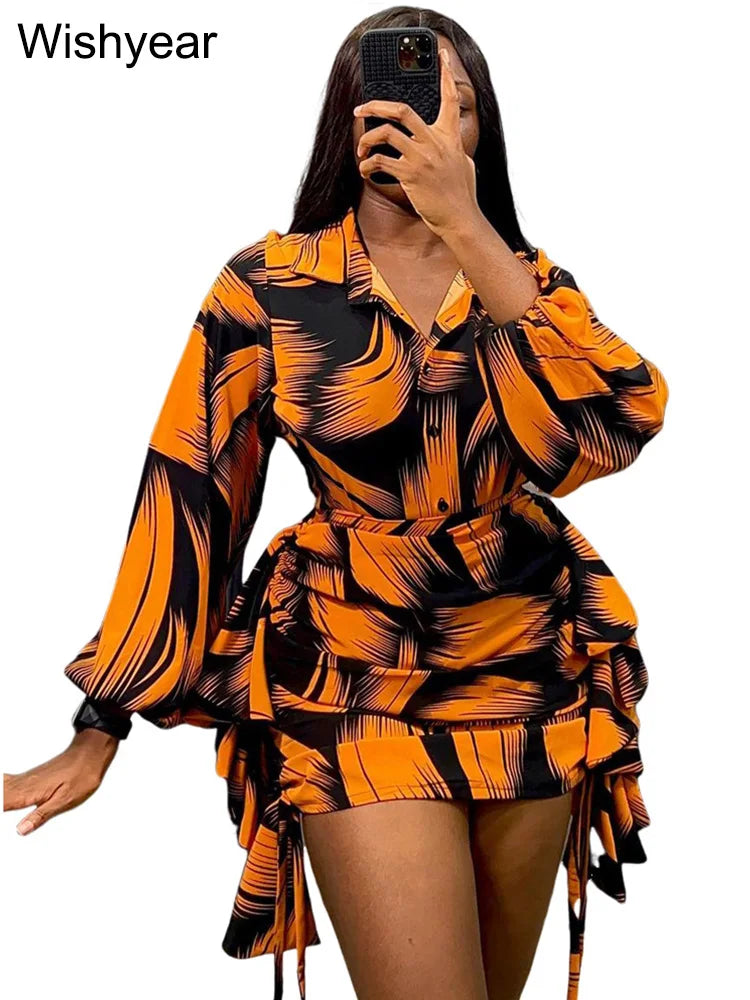 Elegant Striped Printed Ruffles Side Mini Skirts and Long Sleeve Shirt Tops Women Two 2 Piece Sets Birthday Festivals Outfits Yellow Set