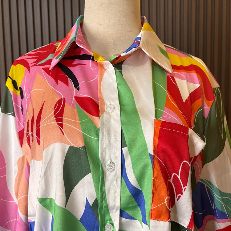 ZARATRASnew summer women's new trousers suit lapel loose silk texture shirt + positioning printed wide leg pants