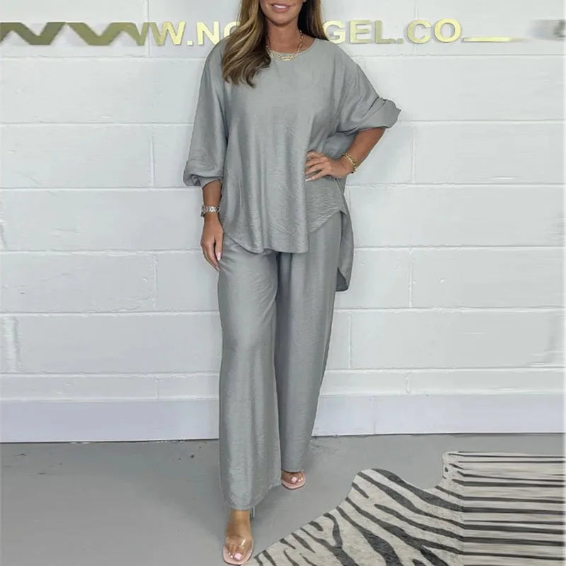 Elegant Casual Solid Color Loose 2pc Set Fashion O Neck Long Sleeve Pullover+Wide Leg Pants Outfits Spring Simple Loose Soft Set 02 Blue Gray