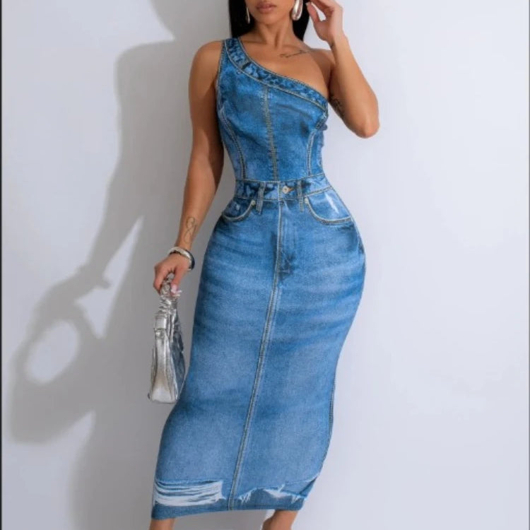 CM.YAYA Women Fake Jean 3D Printed One Shoulder Sleeveless Bodycon Midi Maxi Dress 2024 Club Sexy Party Long Dresses Vestido