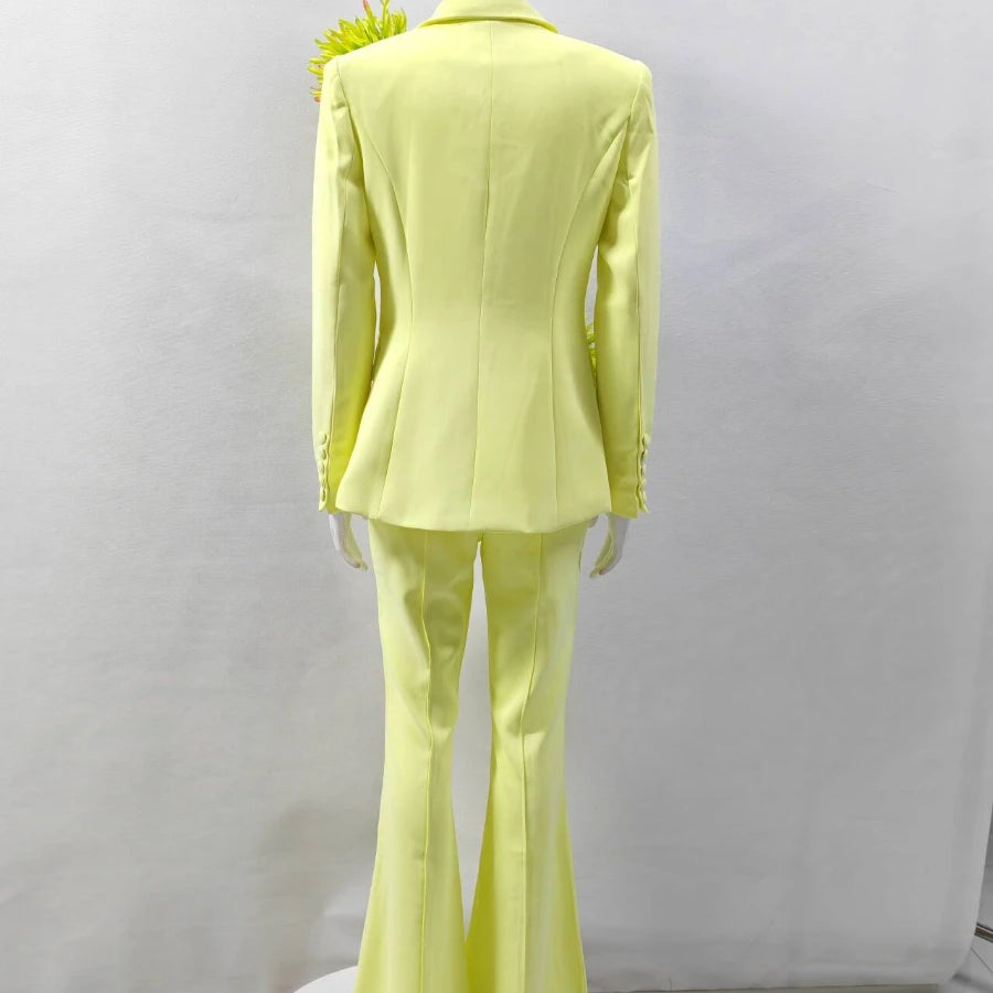 TWOTWINSTYLE Solid Slimming Spliced 3D Flower Two Piece Sets for Women Lapel Long Sleeves Patchwork Button Top Pant Set Female