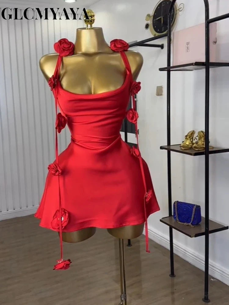 CM.YAYA Women Floral Applique Sleeveless Strap Midi A-line Dress 2025 Summer Holiday Birthday Sexy Club Party Evening Dresses