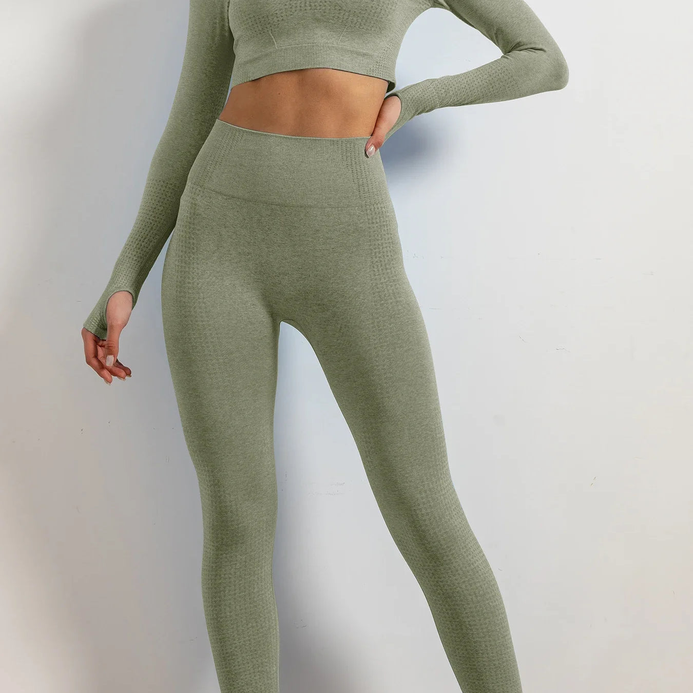 Set of 2 Women's Seamless Yoga Suit with Thumb Holes Long Sleeve Tops Gym Wear Fitness Workout Yoga Wear Leggings Long Pants green