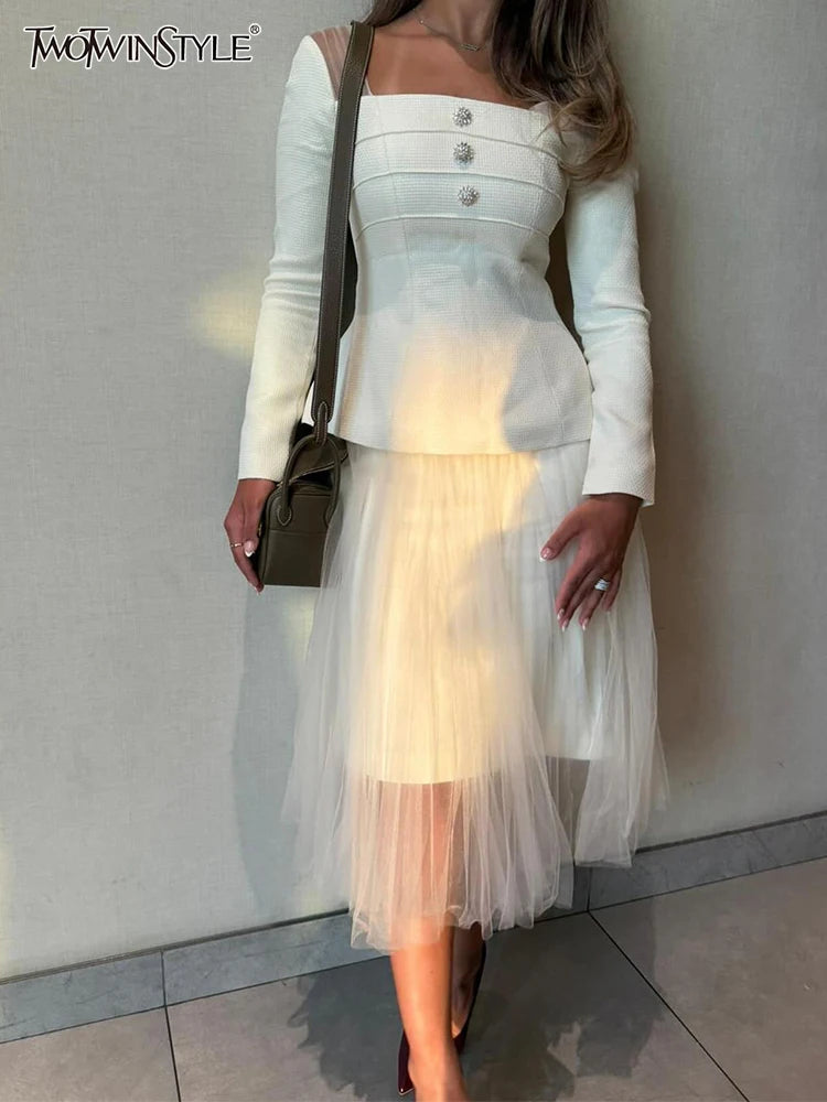 TWOTWINSTYLE Solid Two Piece Set For Women Diagonal Collar Long Sleeve Tunic Top High Waist Pleated Skirt Elegant Sets Female