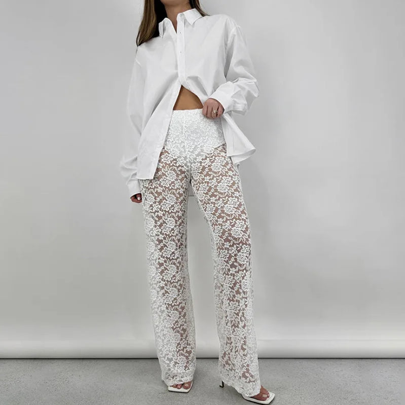 Women Clothing Lace Pant Summer New Female Sexy Club Hollow Out White Black High Waist Long Trousers Fashion Streetwear