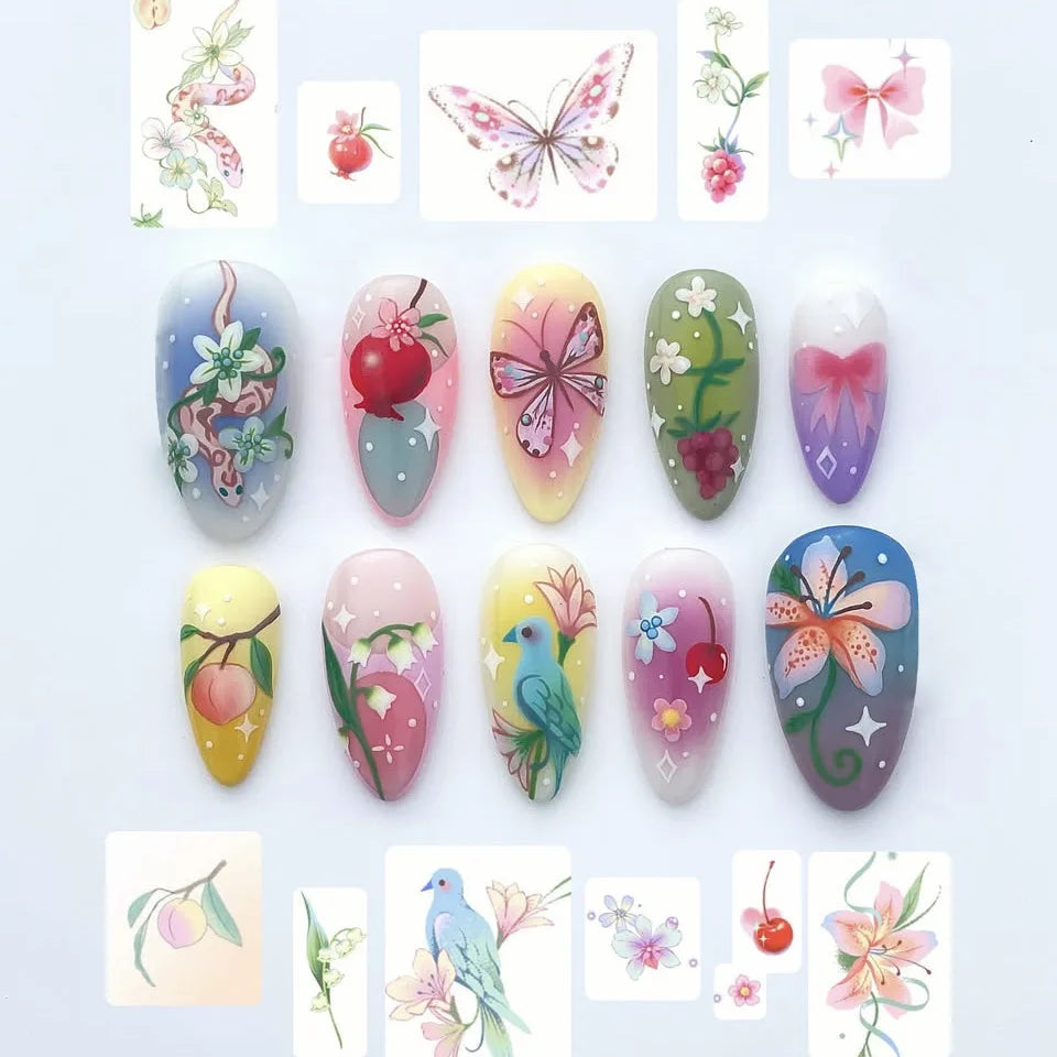 24pcs Finished Press on Nails Tips Idyllic Flower Pattern Design Long Almond False Nail Art Colorful Fake Nail Reusable Manicure