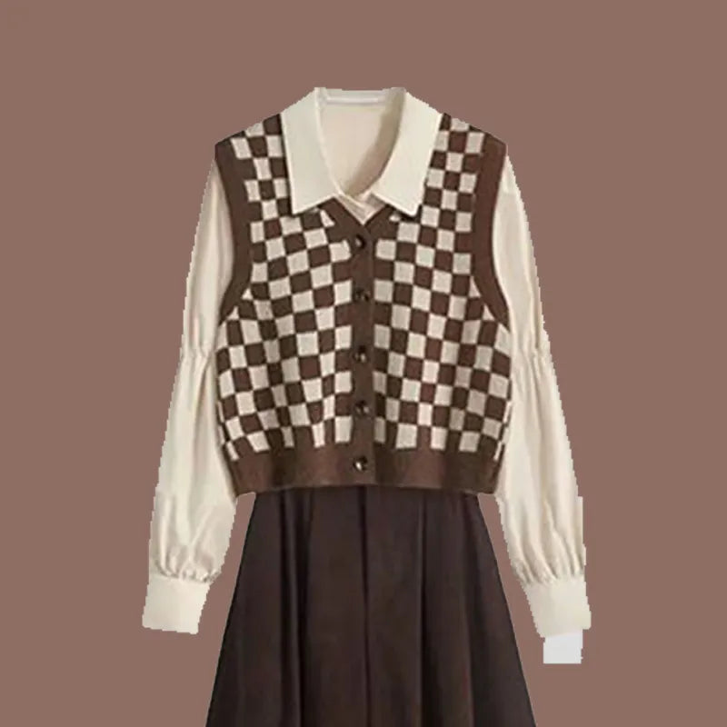 Autumn and Winter Women Set Vintage Plaid Vest Shirt Half Length British Style Coat Three Piece Set/single Piece shirt vest 2pc suit