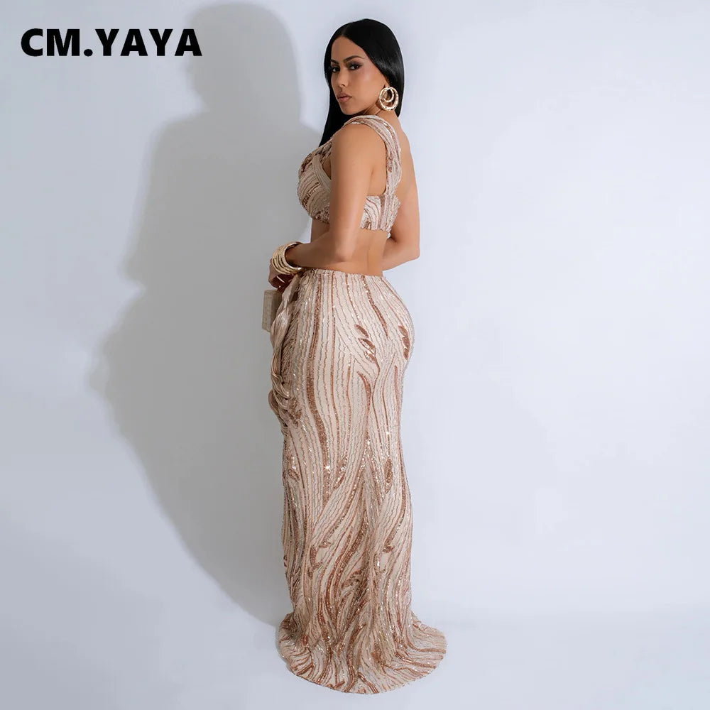 CM.YAYA Women’s Dress Set Mesh Sequined Ribbon Sleeveless Strap Top + Long Skirts Sets 2 Two Pcs Sets Sexy Party Evening Oufits