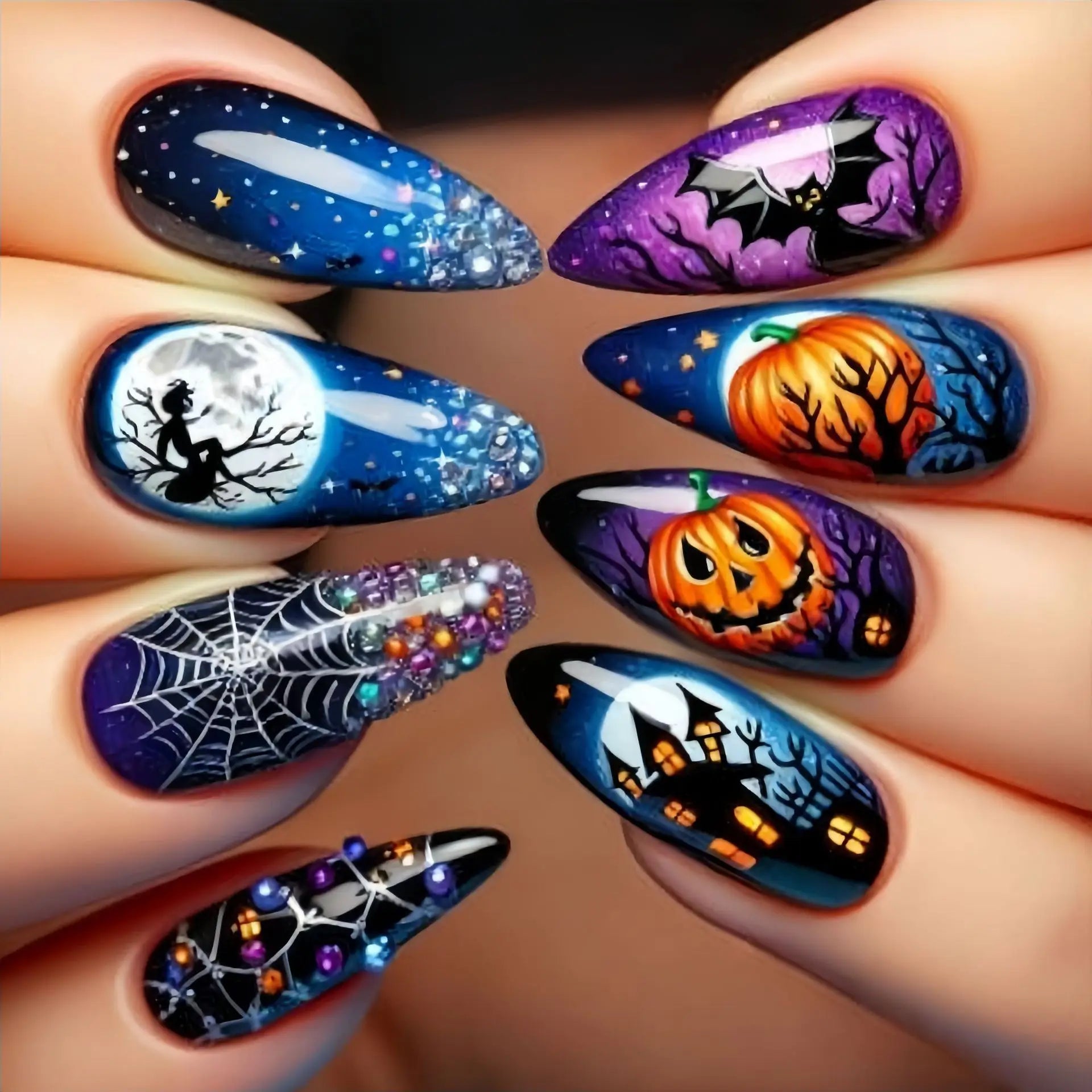 24pcs/set Short Medium fake nails for Halloween party Dead trees and crows bat Night sky Square almond tips press on false nail