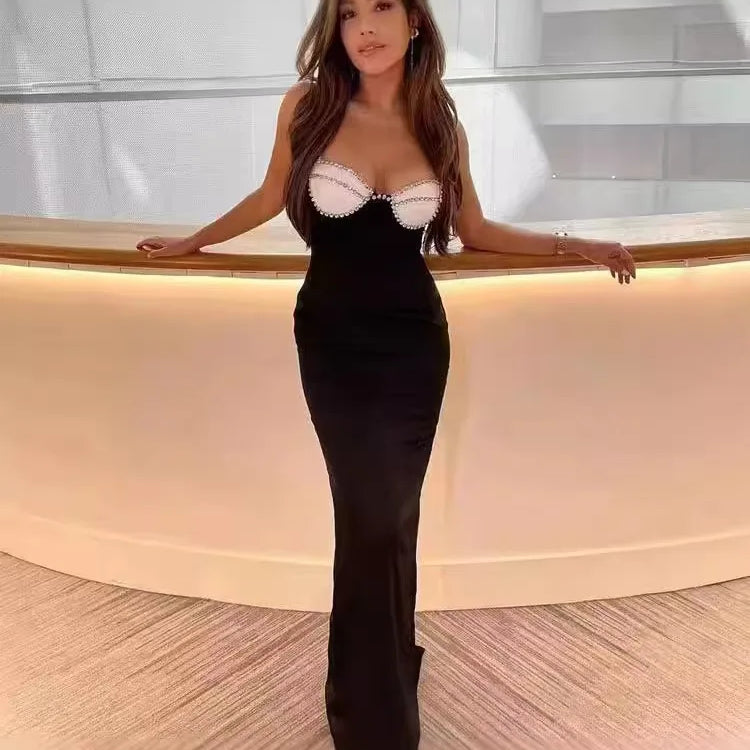 Black Red Color Women Sleeveless Sexy Strap Square Collar Bodycon Long Bandage Dress Nightclub Party Fashion Cocktail Dress