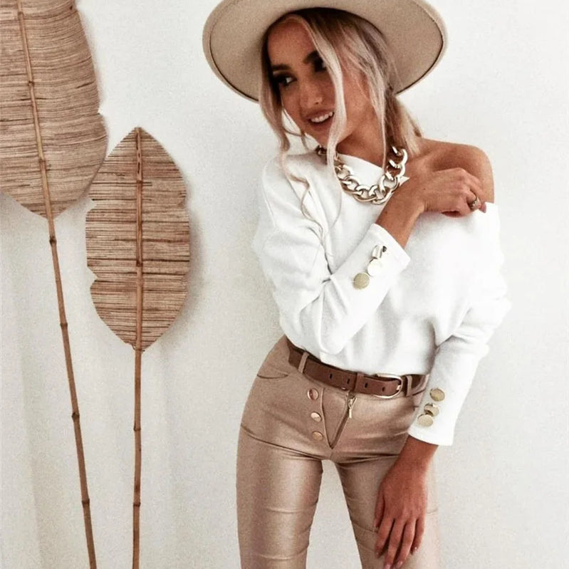 Oversized T-shirt Clearance Sale Women Tops Loose Pullover Autumn Long Sleeve Solid Black White Khaki Tees Buttons топ женский