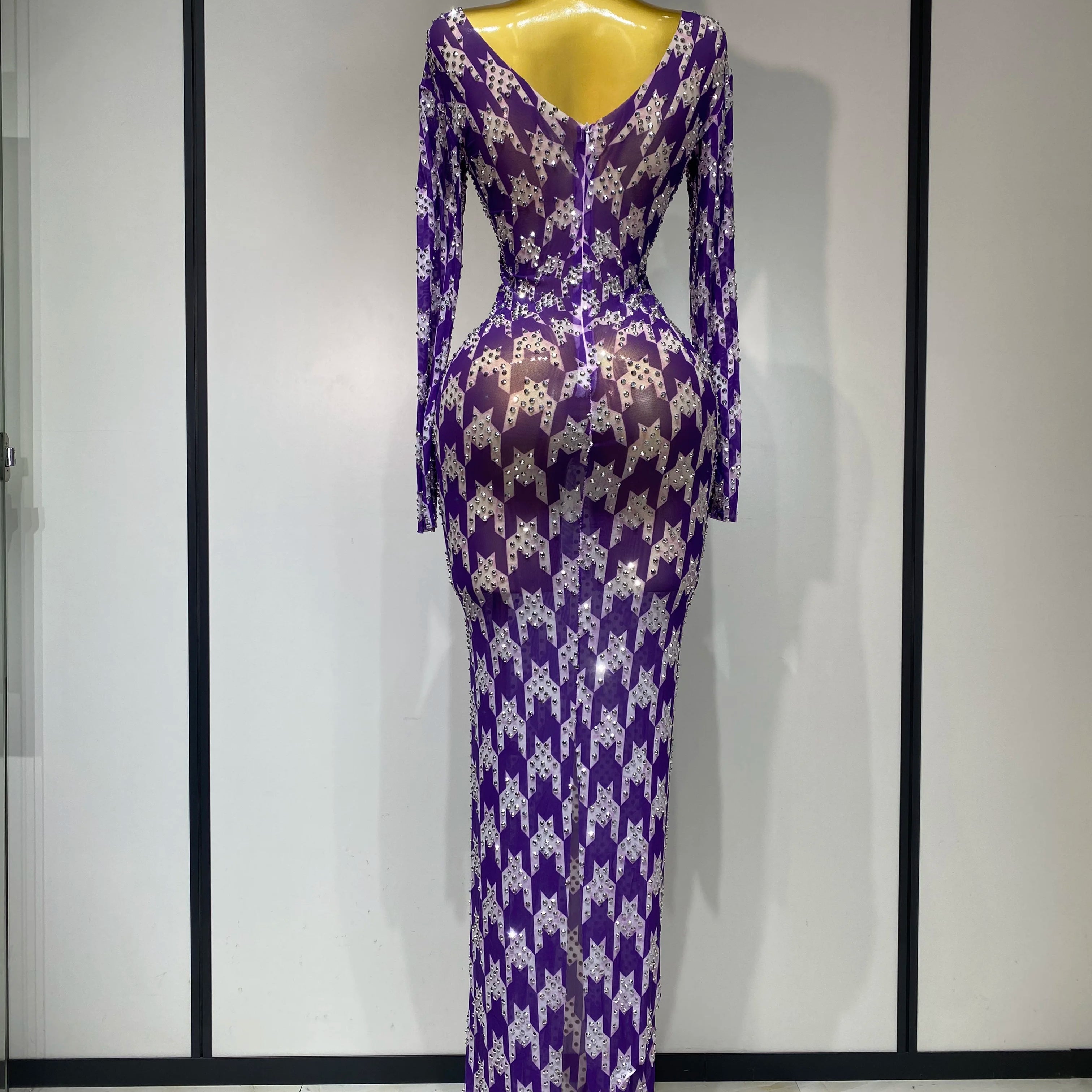 Sparkly Rhinestone Stretchy Mesh See Through Dress Women 2025 Performance Dancer Costume Luxury Birthday Nightclub Stage Outfit