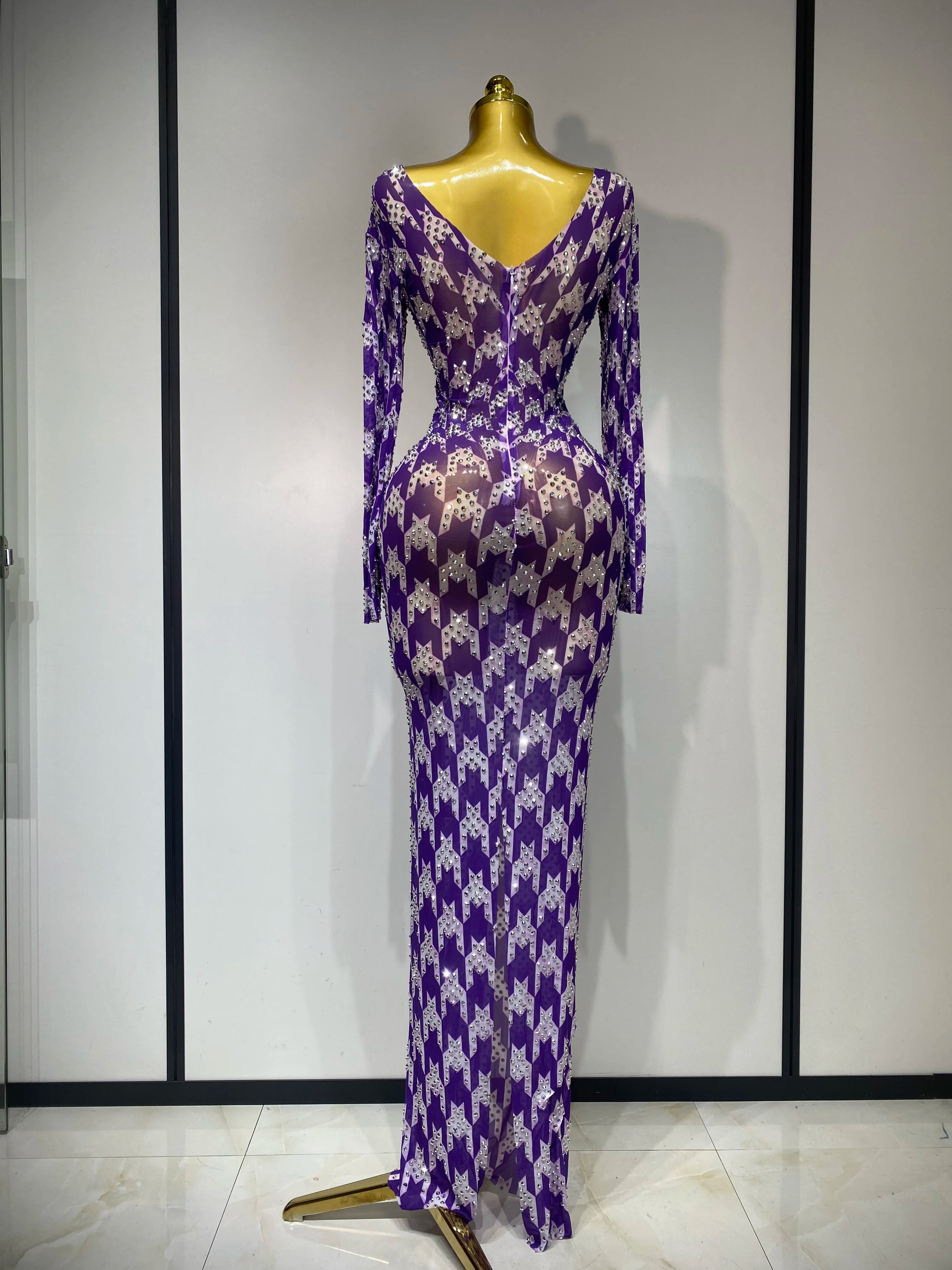 Sparkly Rhinestone Stretchy Mesh See Through Dress Women 2025 Performance Dancer Costume Luxury Birthday Nightclub Stage Outfit