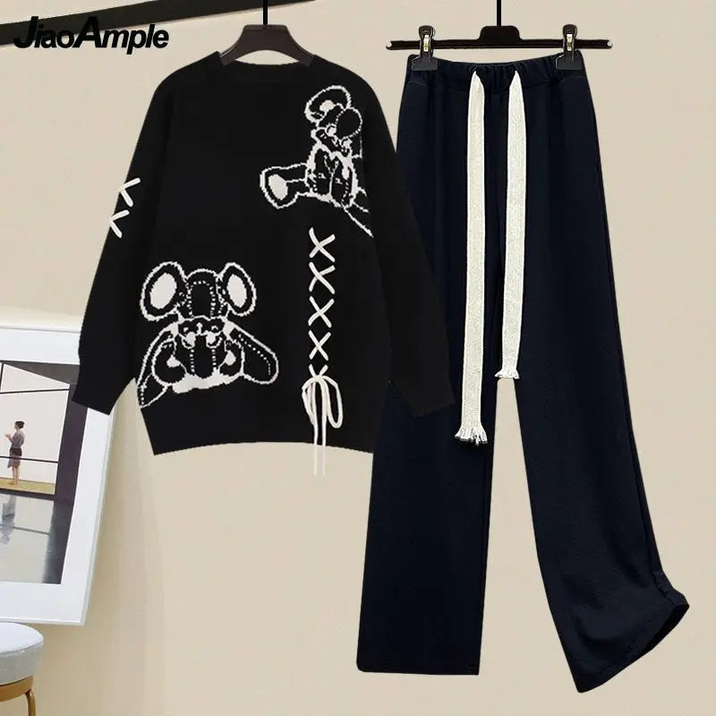 Autumn/Winter New in Matching Set Women's Loose O-Neck Knit Sweater Wide Leg Pants Two Piece Korean Elegant Tracksuit Suit