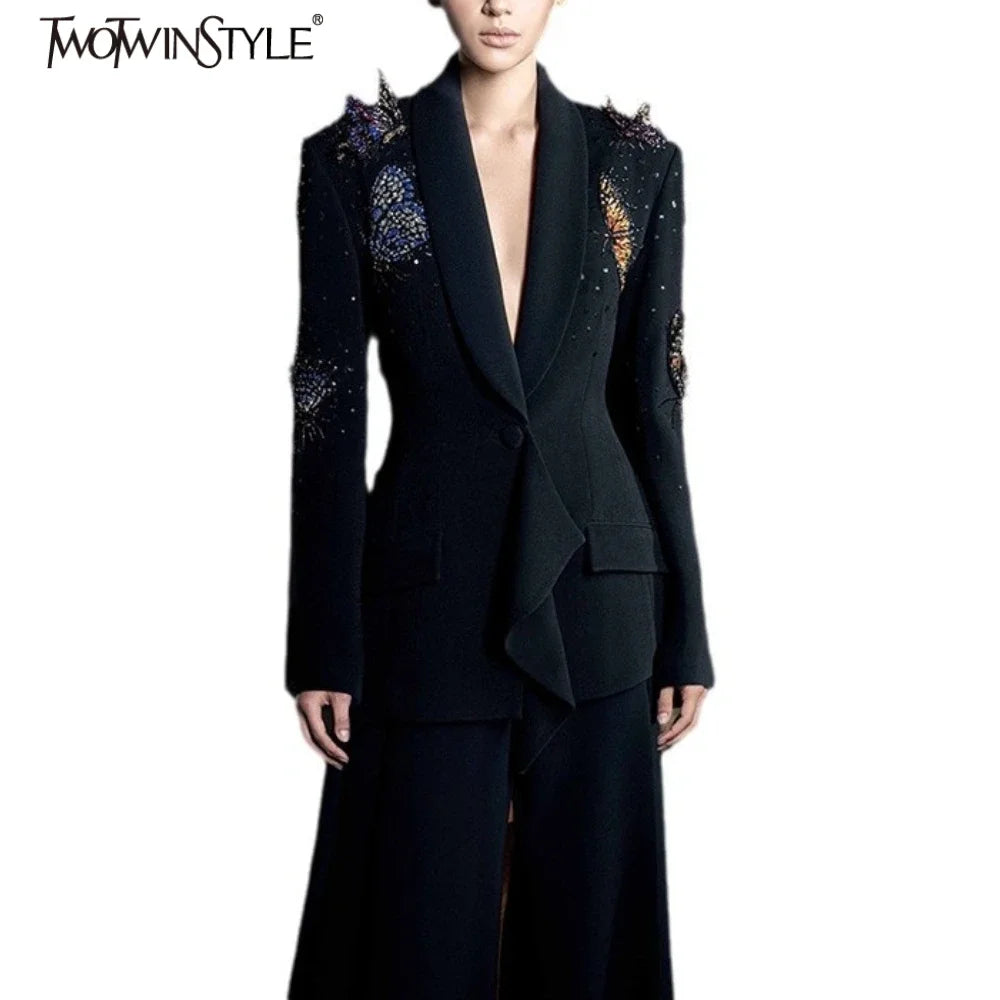 Conjunto de duas peças TWOTWINSTYLE sólido para mulheres, gola entalhada, manga comprida, lantejoulas emendadas, blazer, cintura alta, pernas largas, conjunto feminino