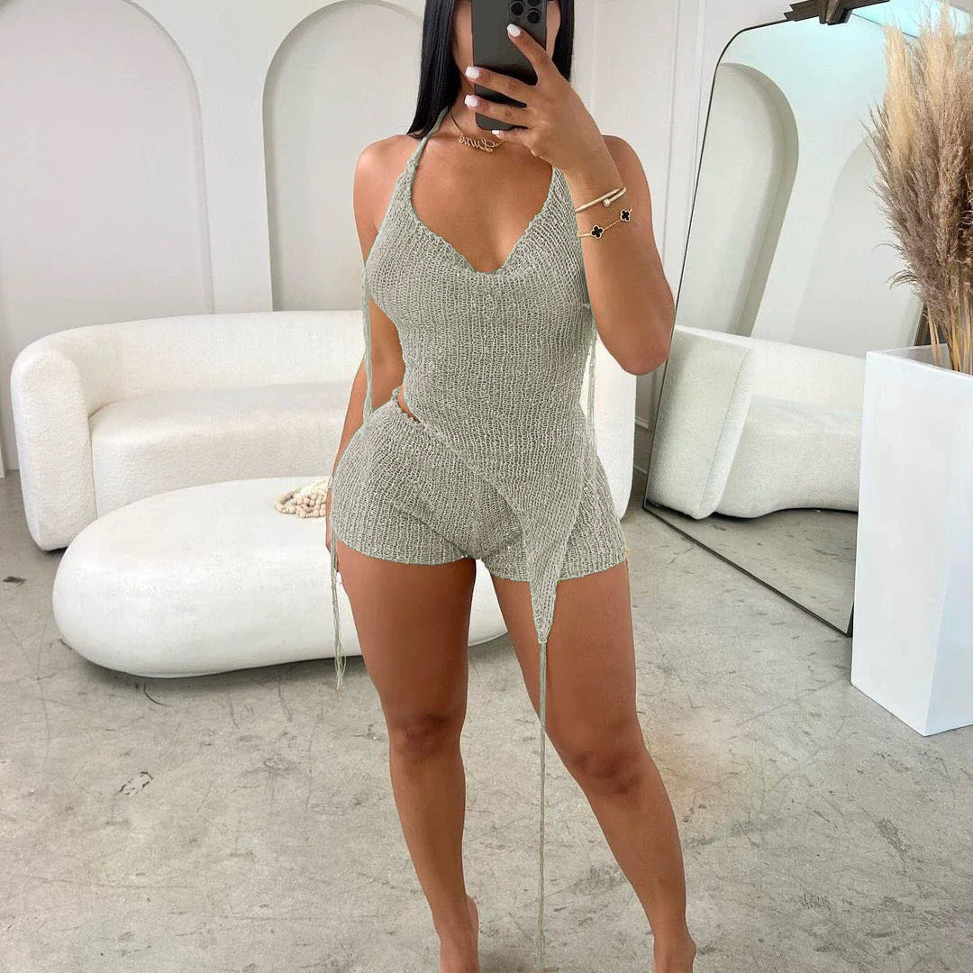 CM.YAYA Knit Ribbed Women's Set Halter Neck Backless Crop Top with Hat Shorts Suit 2023 Summer Two 2 Piece Set Outfit Tracksuit
