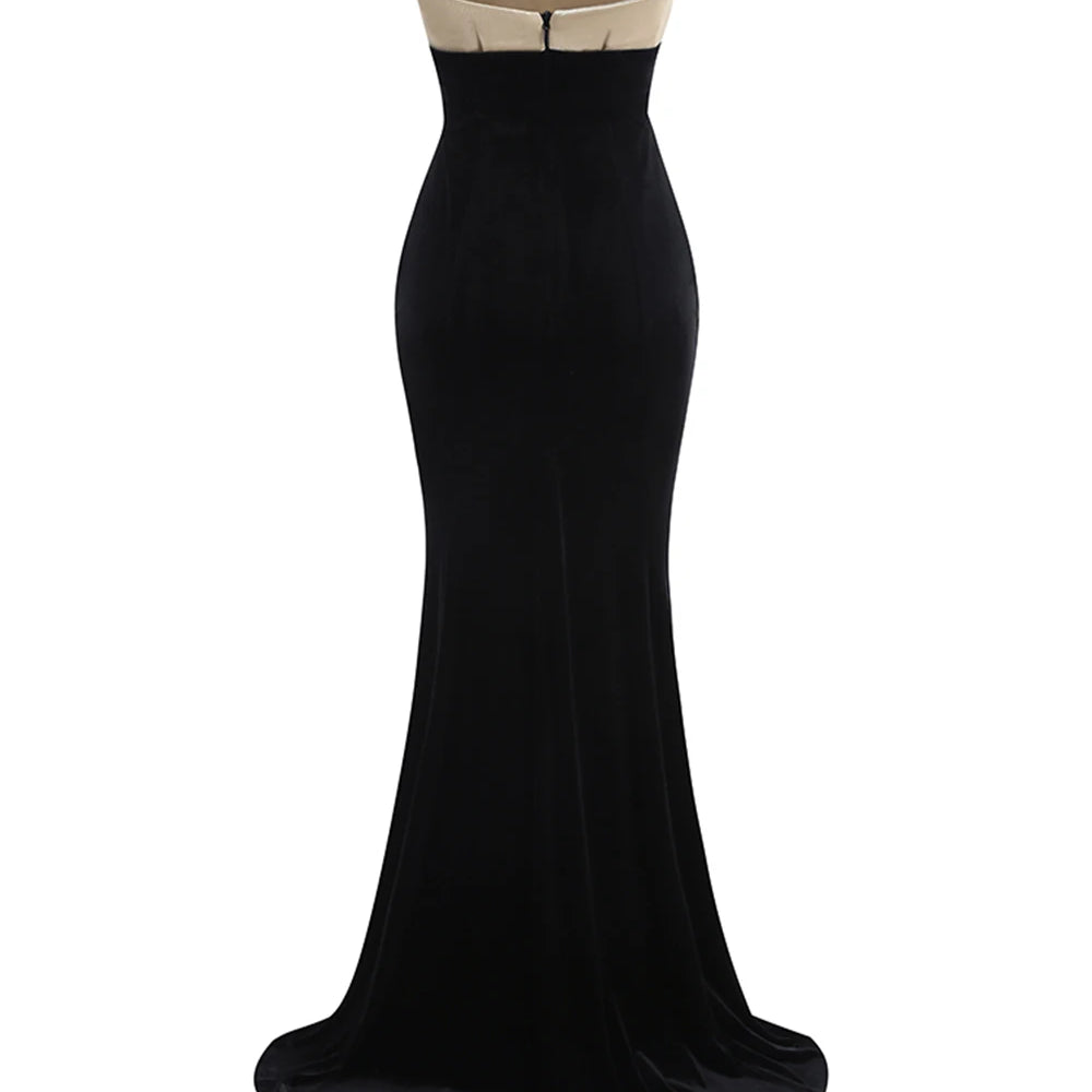 UpAvonu Elegant Strapless Patchwork Velvet Mermaid Long Dress Women Sexy Sleeveless Folds Slim Evening Runway Party Gown