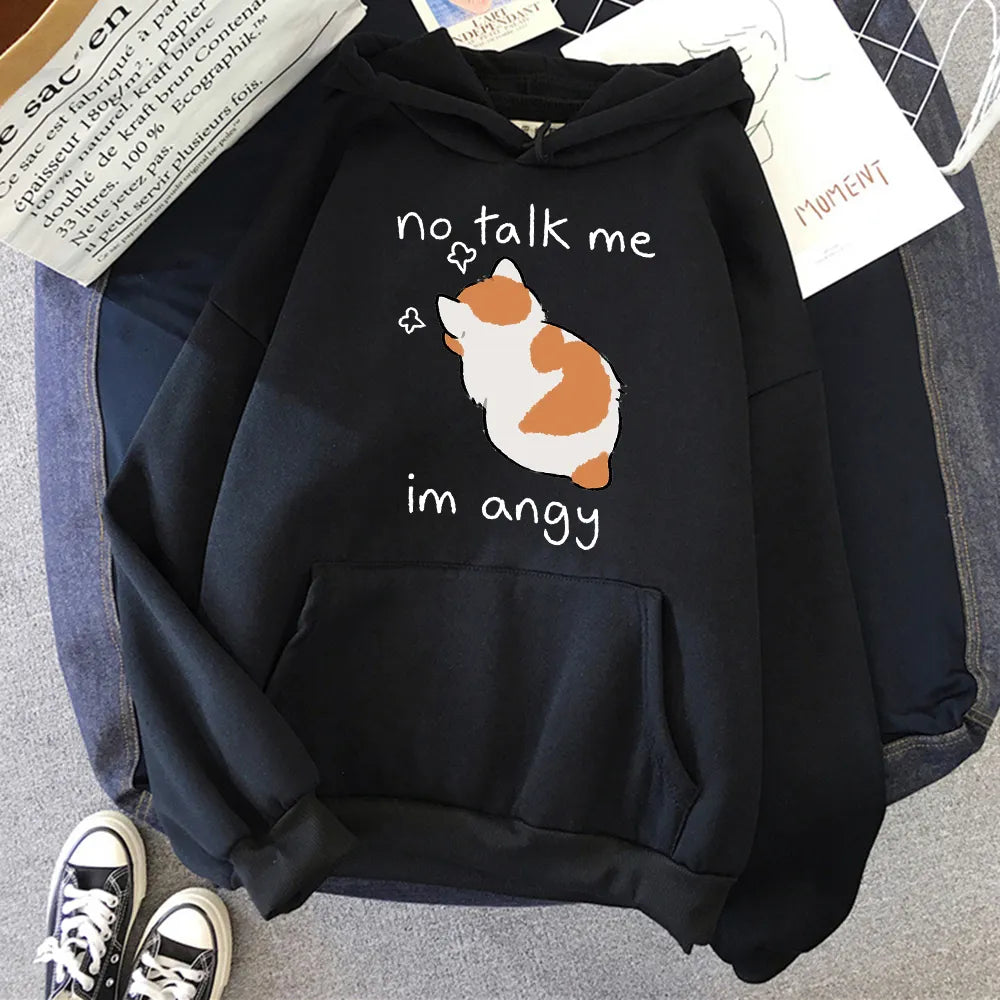 No Talk Me Cute Angry Cat Print Women Hoody Hip Hop Soft Sweatshirt Casual Fleece Sweatshirt Oversize Fleece Women Streetwear Black