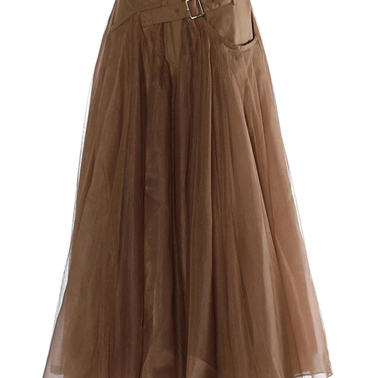 [EAM] High Waist Khaki Buckle Irregular Mesh Long A-line Half-body Skirt Women Fashion Tide New Spring Autumn  1DH0633