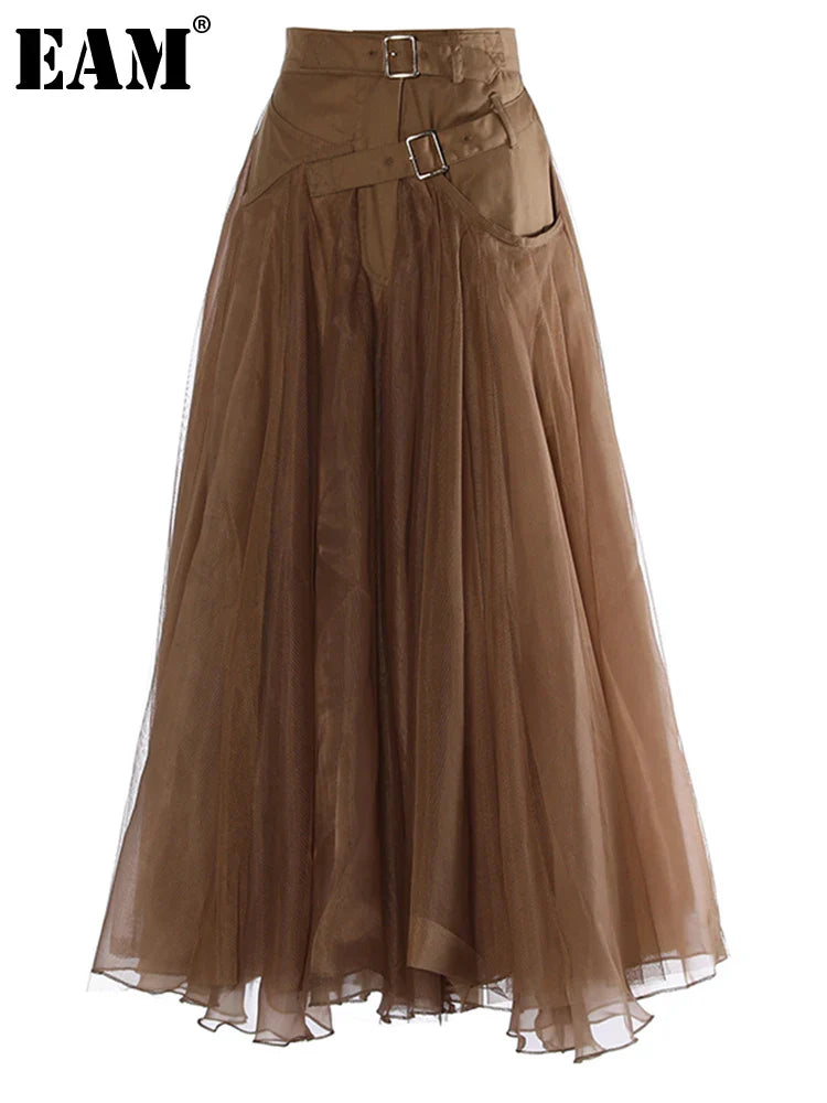 [EAM] High Waist Khaki Buckle Irregular Mesh Long A-line Half-body Skirt Women Fashion Tide New Spring Autumn 1DH0633