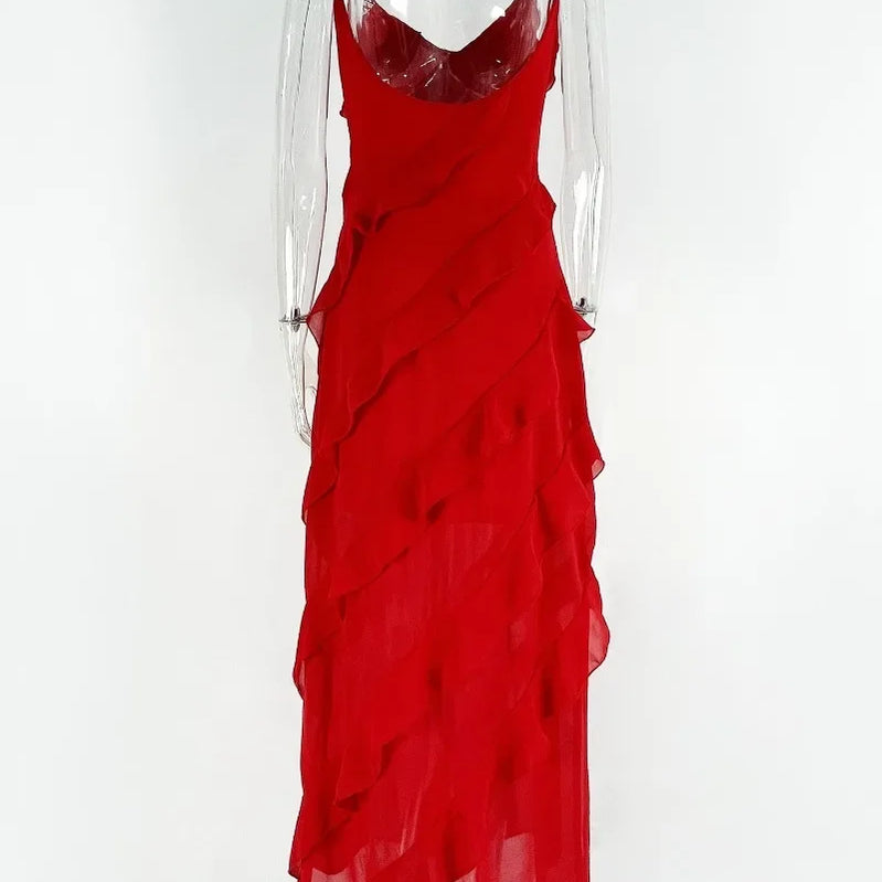 Elegant Red Chiffon Slip Dresses for Women Sexy Spaghetti Strap Backless Lace-up Ruffles Long Maxi Evening Party Prom Dress