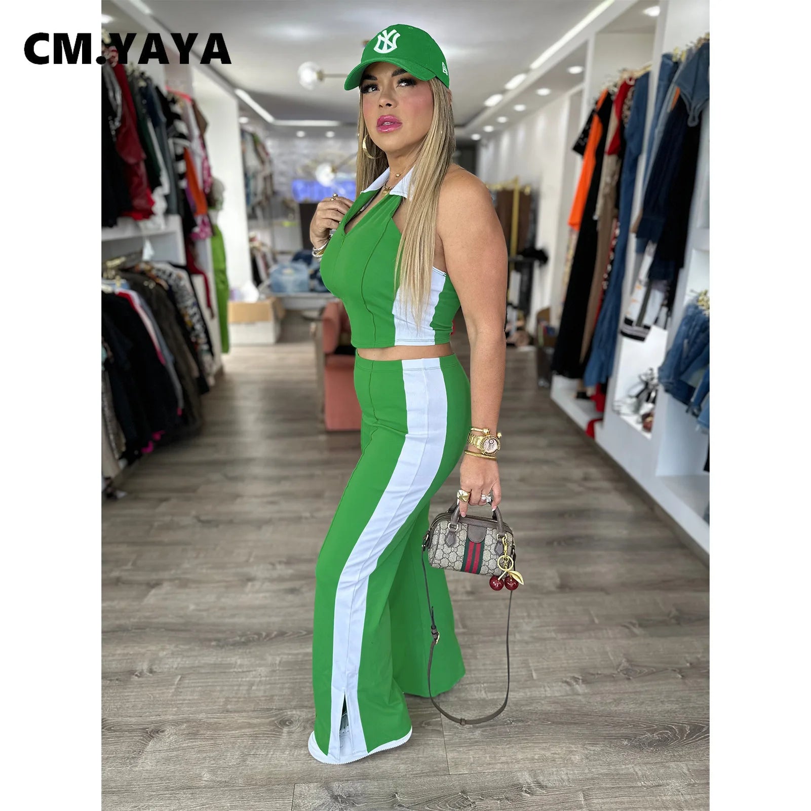 CM.YAYA Sporty Patchwork Women's Set Sleeveless Polo-tank Tops and Slit Flare Pants 2025 Active Two 2 Piece Set Outfit Tracksuit