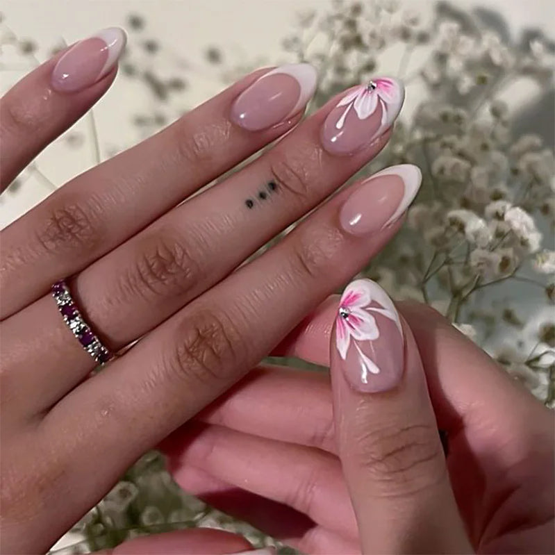 24Pcs Short Round Head Fake Nails Press on Colorful Flower with Design Full Cover Nails Tips Art Wearable Artificial False Nails