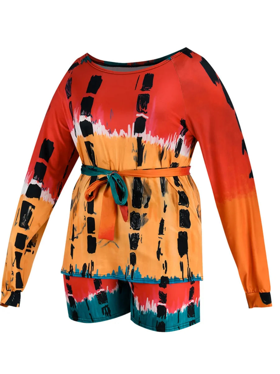 LW Plus Size shorts Two pieces sets casual long sleeve Tie Dye Bandage Top + Shorts Set 2024 NEW Spring summer Fashion 2pcs set