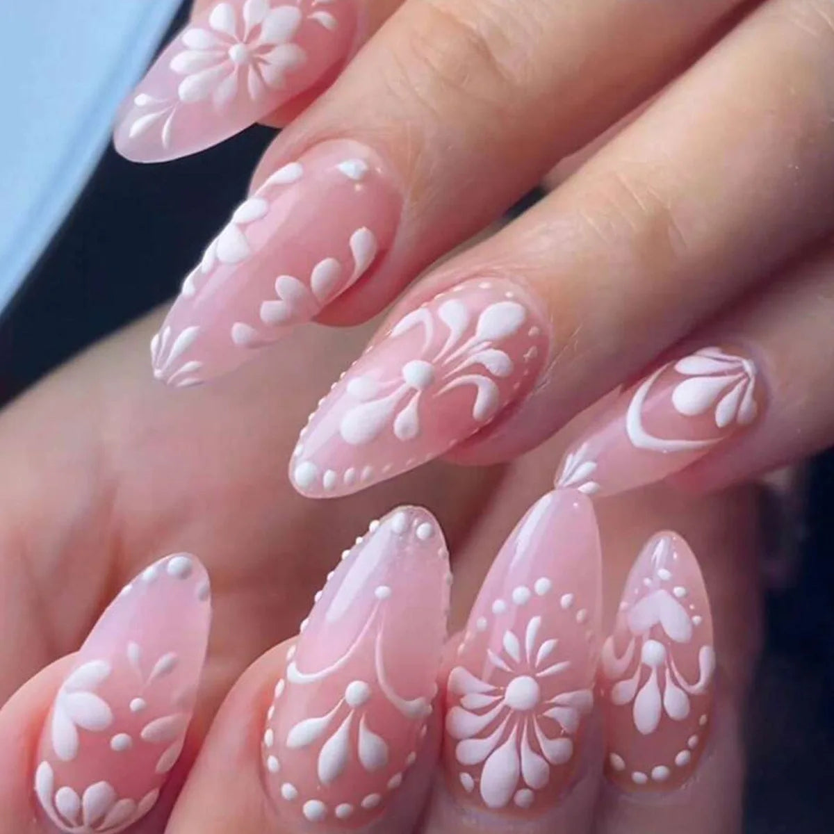 24pcs/set fake nails for women girls 3D embossed flowers cute pink blue leopard print Almond Square tips press on false nail