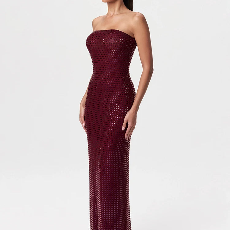 VC Redwine Beaded Strapless Long Maxi Dress For Women Elegant Sleeveless Backless Sparkle Crystals Bodycon Cocktail Evening Gown