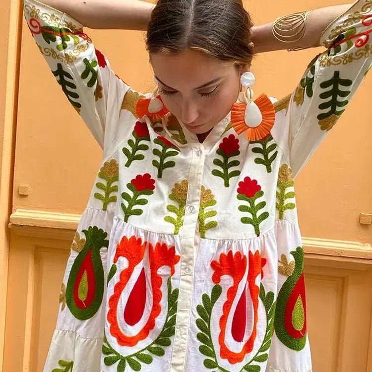 Vintage Flower Print Single Breasted Long Dress Women Elegant Lapel Half Sleeves Loose Hem Dresses Female Vocation Vestidos