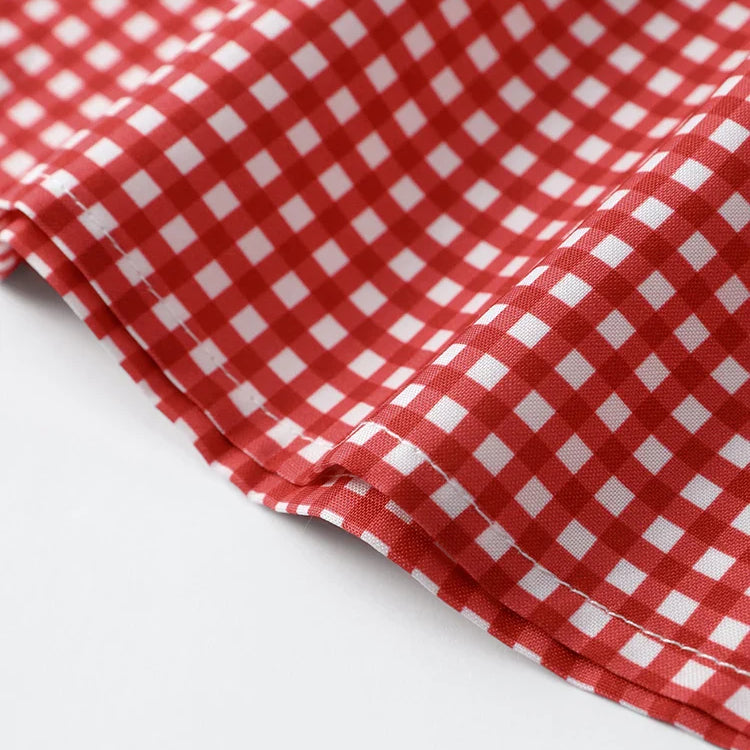 Red Plaid O-neck Lace Up Women Shirts And Blouses Puff Sleeve Hollow Out Women's Shirt Summer Casual Ruffles Female Tops