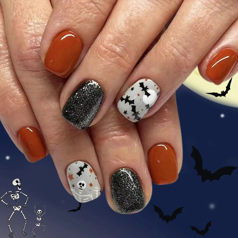 24Pcs Short Square False Nails Dark Forest Castle Design Press on Fake Nails Halloween Reusable Artificial Full Cover Nails Tips