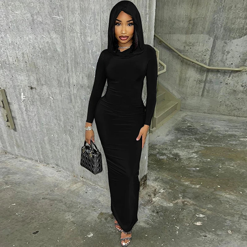 Women 2024 Autumn Winter Fashion Long Sleeve Streetwear Hooded Bodycon Long Dress Wholesale Items For Business black