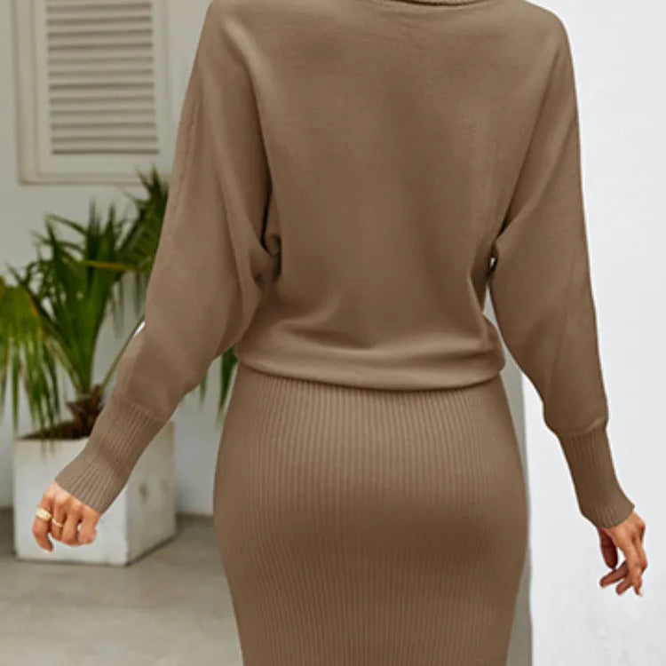 Women Clothing Solid Color Long Knit Dress Slim Turtle Neck Bat Sleeve Pullover Dresses Hip Wrap Above Knee Skirt