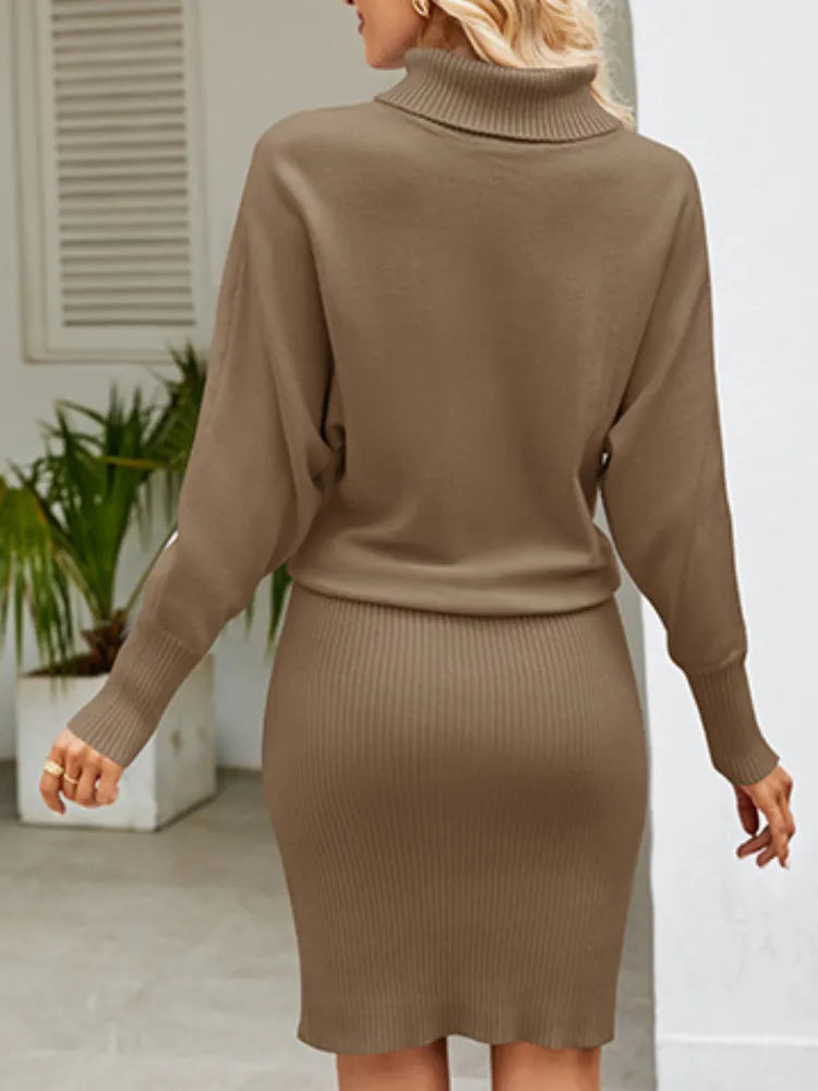 Women Clothing Solid Color Long Knit Dress Slim Turtle Neck Bat Sleeve Pullover Dresses Hip Wrap Above Knee Skirt