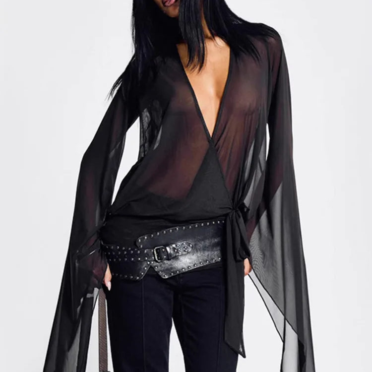 Mesh See Through Sexy Mini Dress For Women Black Sheer Mesh Deep V Neck Long Sleeve Backless Draped Ruched Dress