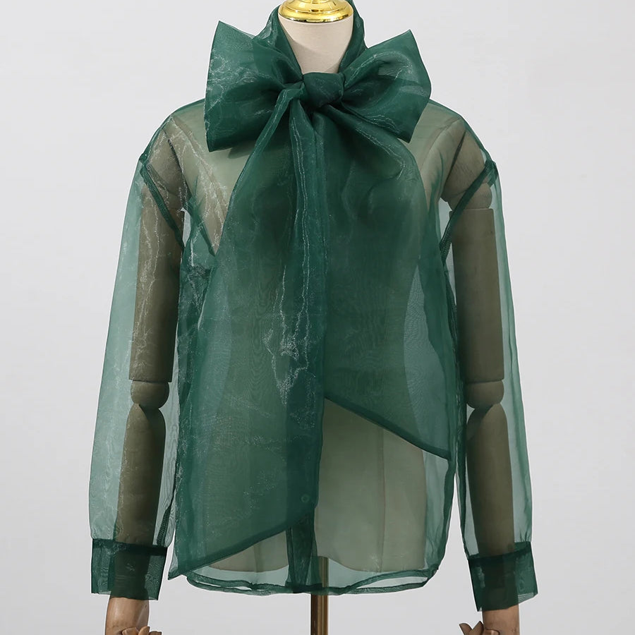 TWOTWINSTYLE Solid Sheer Two Piece Sets for Women Round Neck Long Sleeves Spliced Bowknot Top High Waist Skirt Set Female New