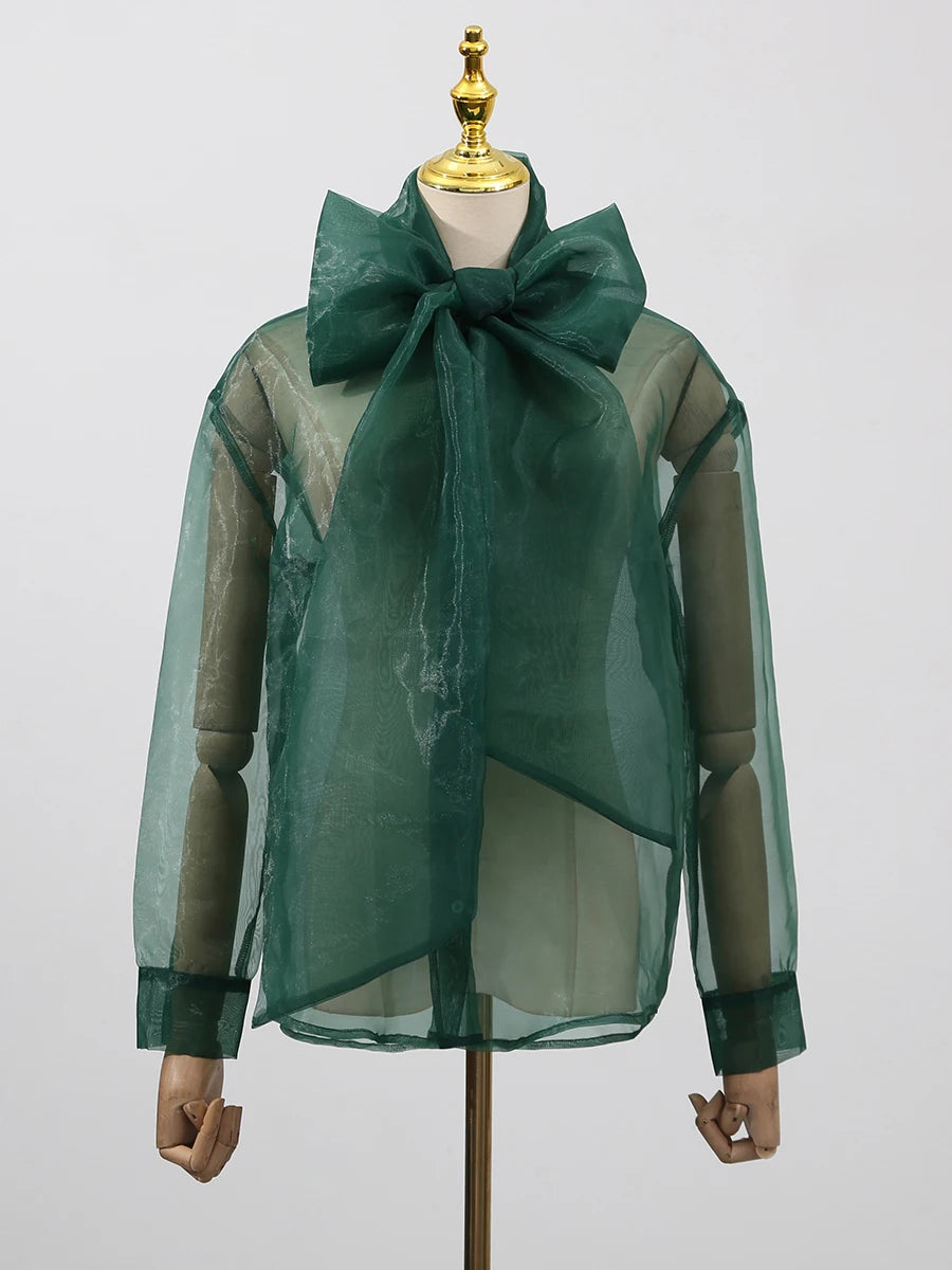 TWOTWINSTYLE Solid Sheer Two Piece Sets for Women Round Neck Long Sleeves Spliced Bowknot Top High Waist Skirt Set Female New